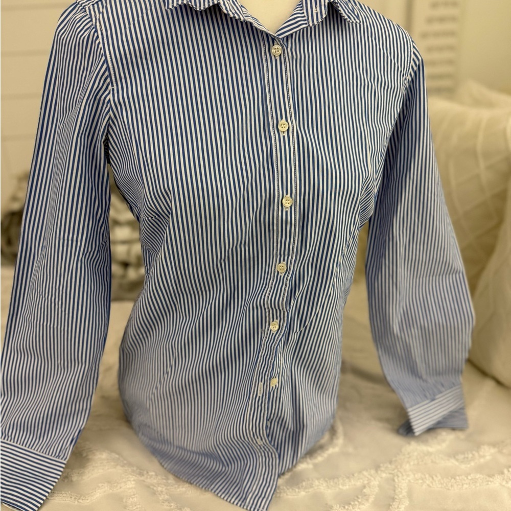 J. Crew Blue and White Striped Button-Up Dress Shirt